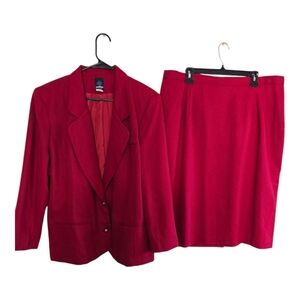 Vintage Panther 2Piece Skirt Suit 24W Red Long Sleeve Button Up Career